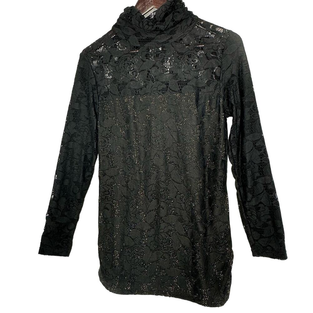 Panitti Black Lace Top Med Cowlneck Sheer Floral Gold Underlay Sexy Whimisgoth